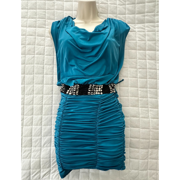 CITY STUDIO Dress Womens Medium Blue Mini Ruched Cocktail Party Evening Glam - Picture 1 of 9